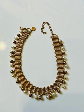 VTG QVC Gold & Pearl Fringe Choker Necklace Casual Cocktail Bib Collar Lightwe